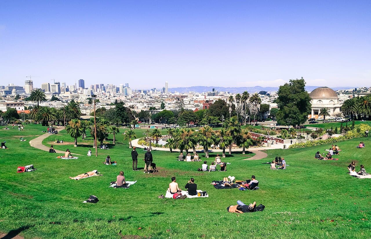 People sitting on the sloping lawn of Mission Dolores Park, with palm trees and the downtown San Francisco skyline behind them