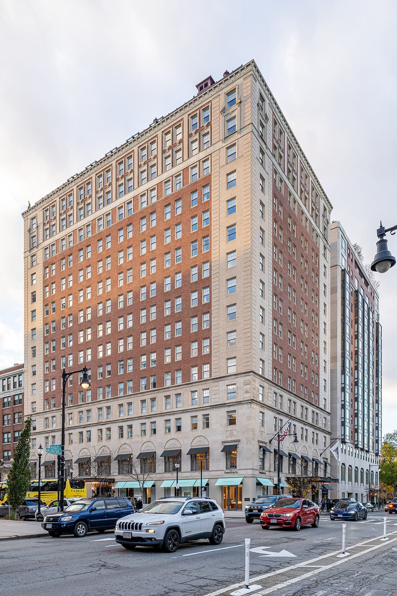 The Newbury Boston hotel at the corner of Arlington and Newbury Streets, whose rooftop restaurant is a splurge date spot