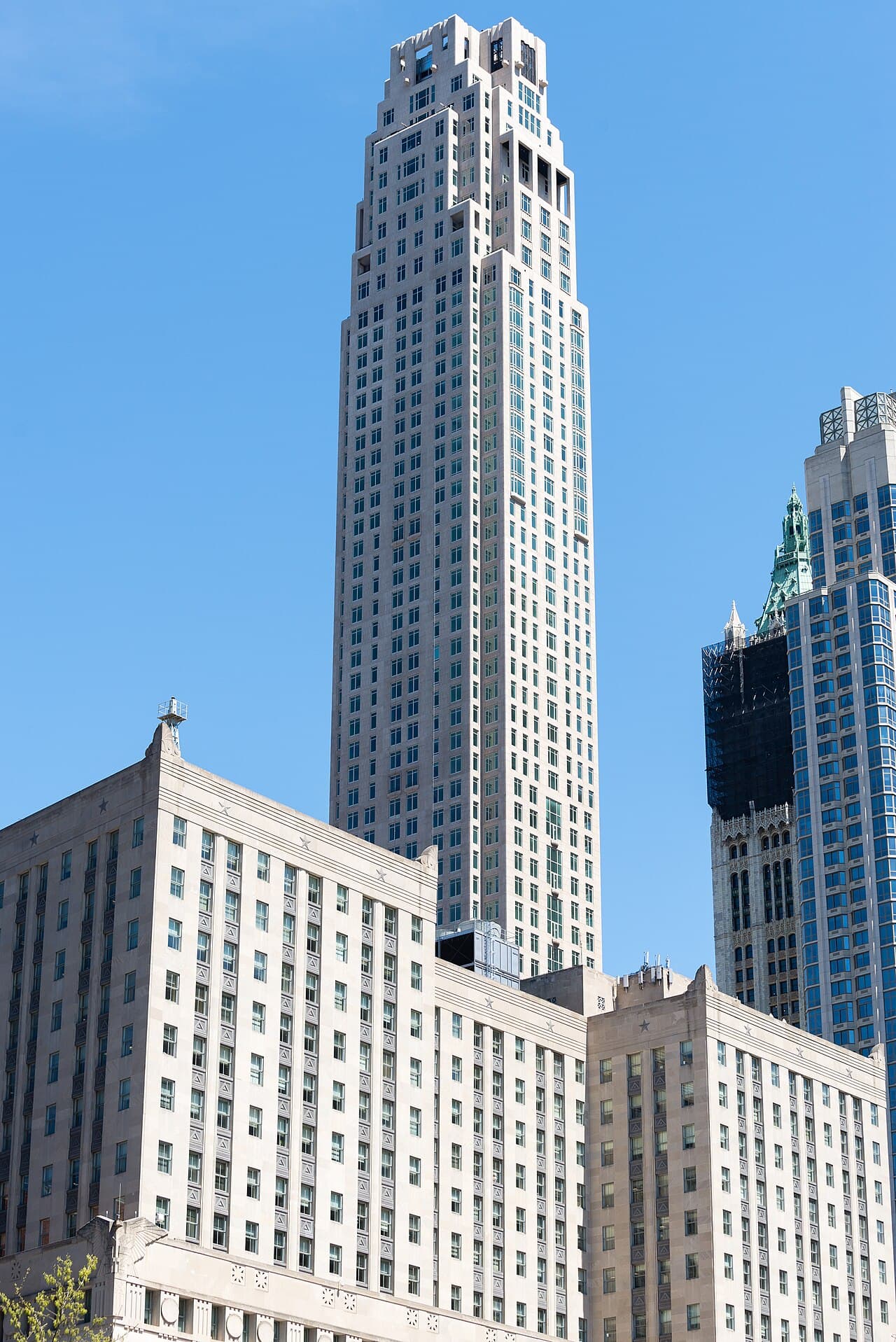 The 30 Park Place tower rising above Church Street in Lower Manhattan