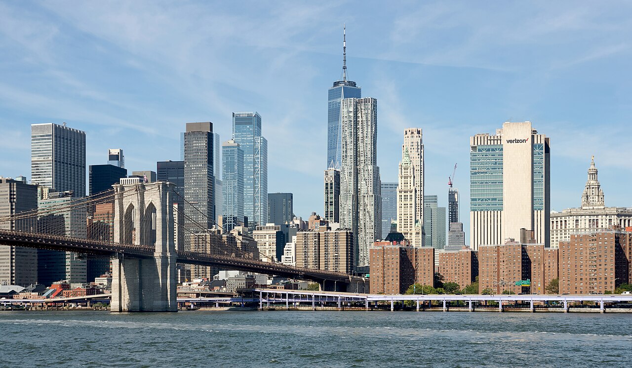 The Brooklyn Bridge and the Lower Manhattan skyline seen from the East River