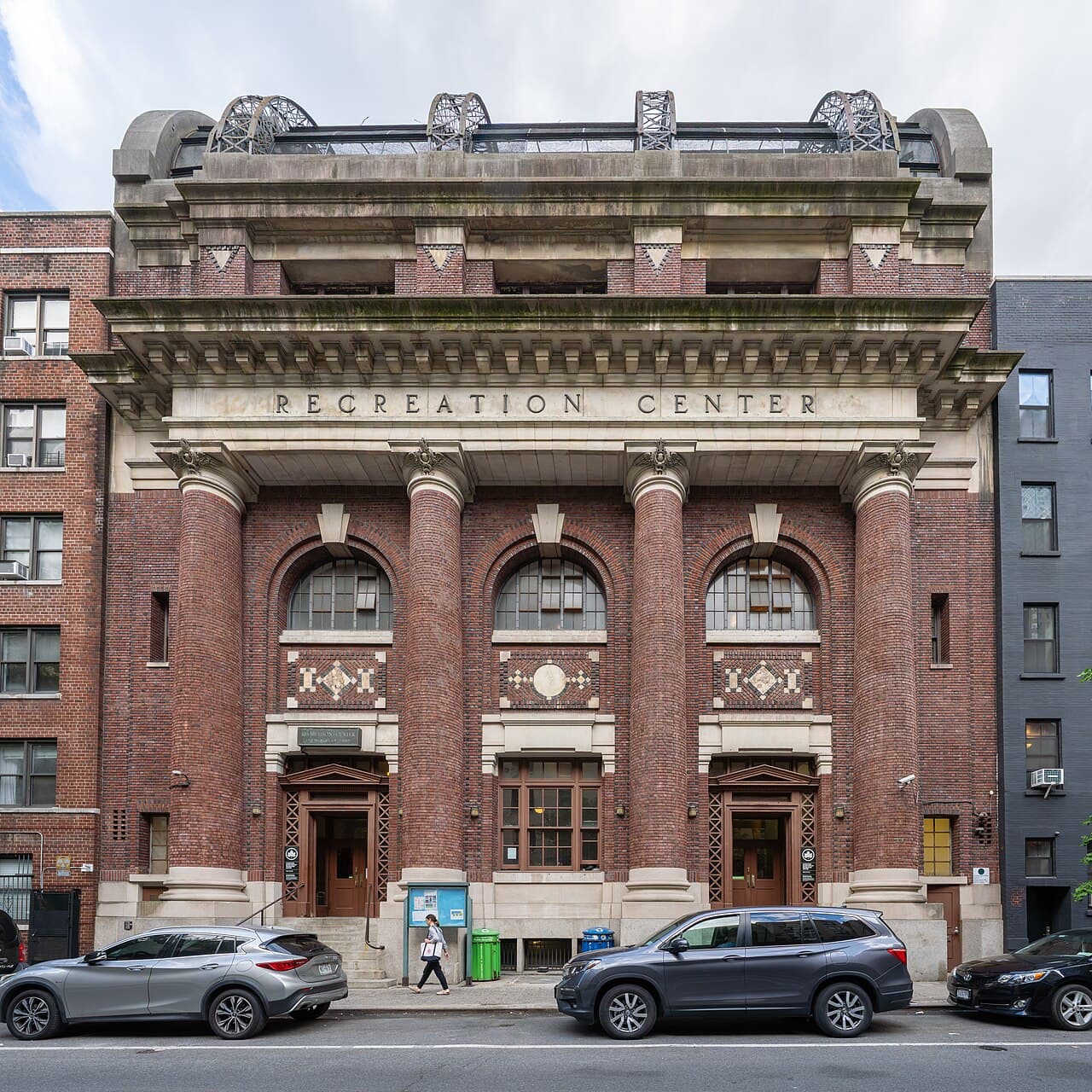 The brick and stone front of the Constance Baker Motley Recreation Center on East 54th Street, with "Recreation Center" carved above its doors