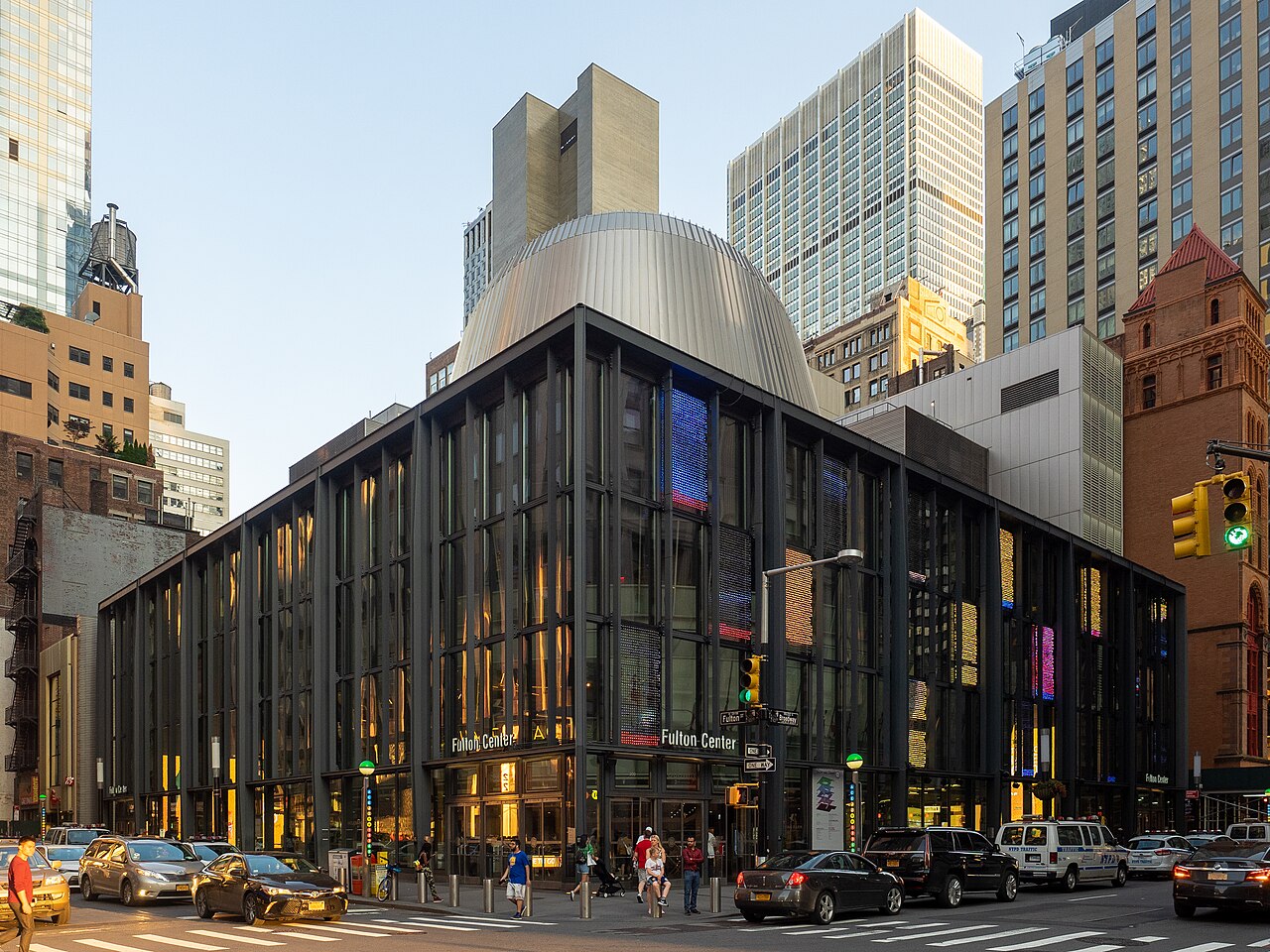 The glass and steel Fulton Center station building at Fulton Street and Broadway in Lower Manhattan