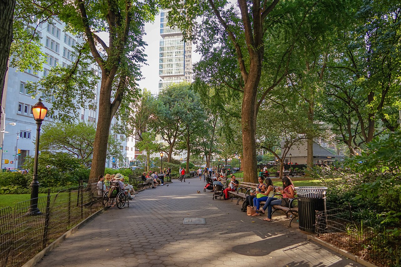 A tree-lined path in Madison Square Park with people on benches on a summer afternoon