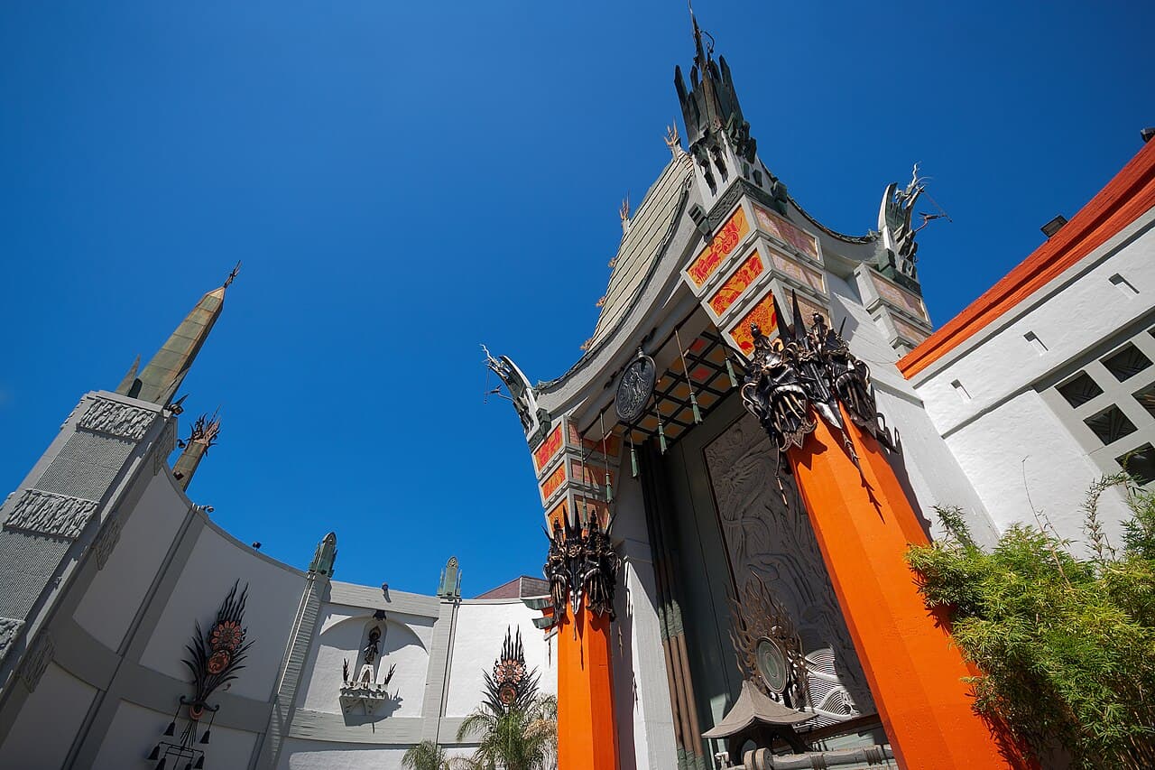 The red columns and pagoda roof of the TCL Chinese Theatre on Hollywood Boulevard under a blue sky