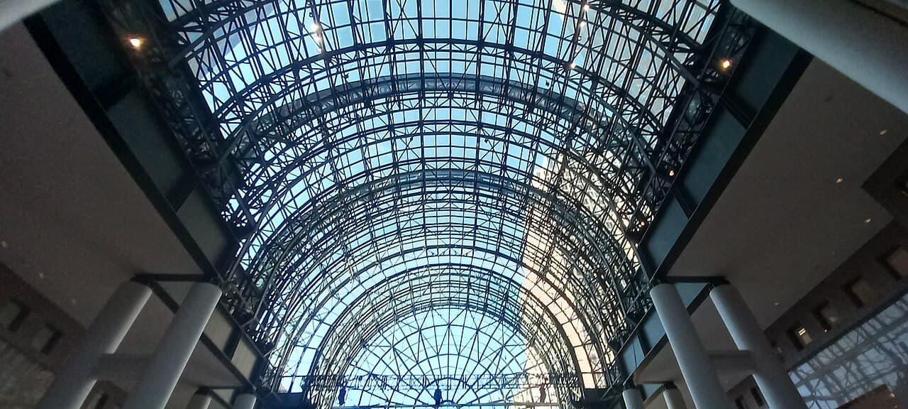 The arched glass roof of the Winter Garden atrium at Brookfield Place in Lower Manhattan